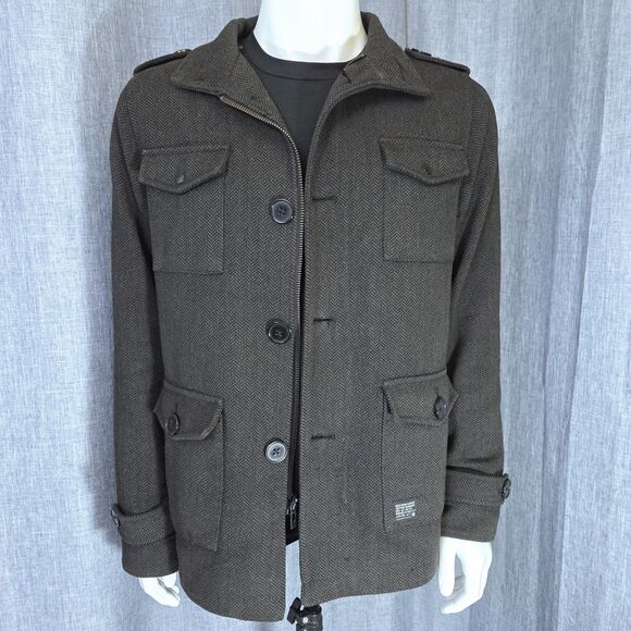 Kr3w Herringbone Field Jacket Military Style Men's M Gray Lined Pea Coat - Picture 2 of 14